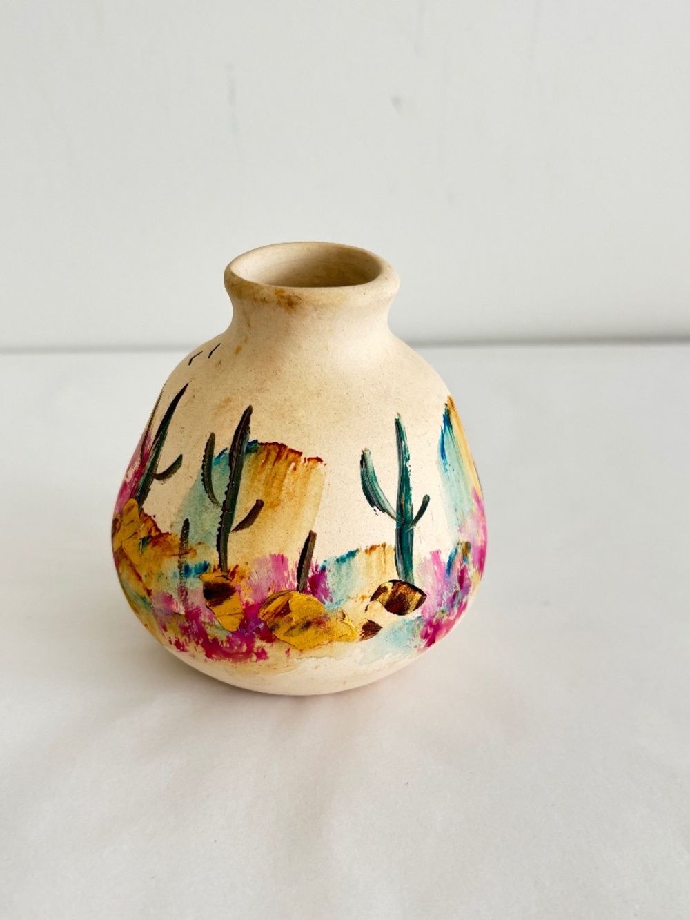 Vintage hand painted pottery vase Southwestern style signed Tasso desert design